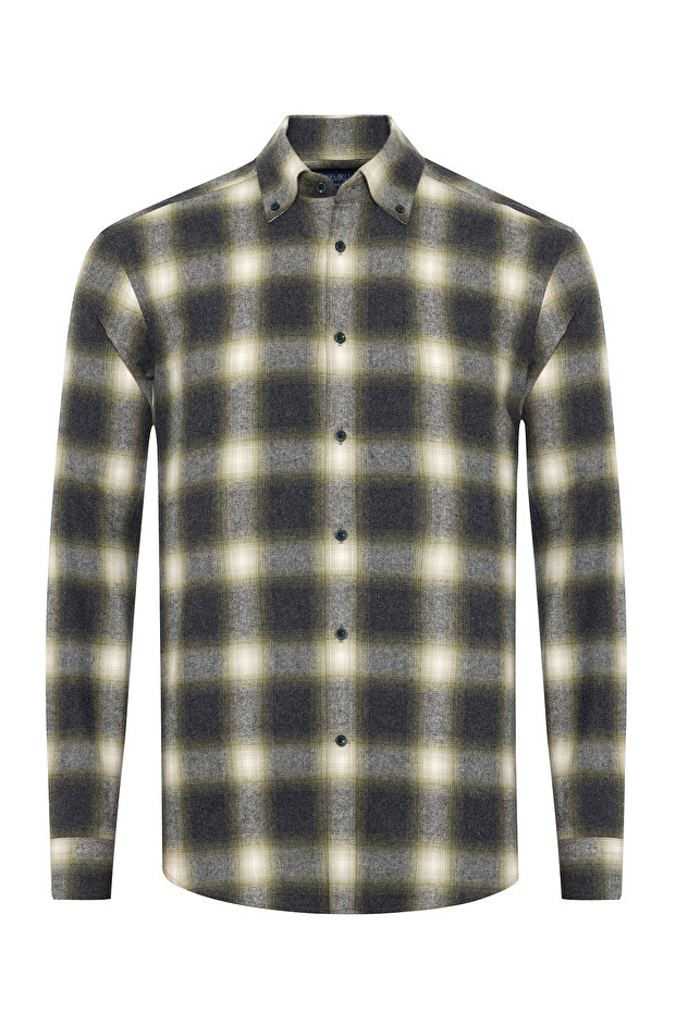 Albini Anthracite Green Plaid Flannel Buttoned Collar Tailor Fit Cotton Lumberjack Shirt