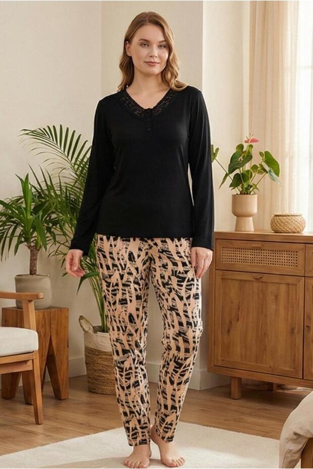 Long Sleeve Viscose Pajama Set Lace Detail Comfortable Casual Sleepwear Set