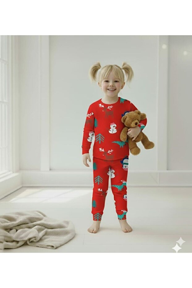 Unisex Snowman Deer Patterned Winter Concept Cotton Pajamas