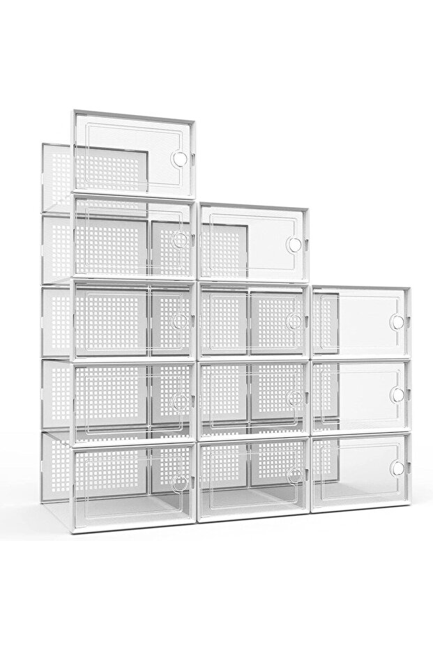 صندوق تخزين أحذية بلاستيكي شفاف قابل للتكديس مع غطاء، 12 قطعة - 1