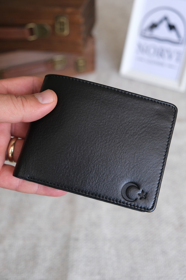 Ay Yildiz Special Printed Leather Wallet - Genuine Leather Wallet with Coin Compartment Bright Black 1242