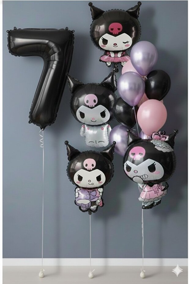 Kuromi Birthday Themed Balloon Set 7 Years Old Black Number Balloon + 4 Different Models Full + Set Balloon Bouquet