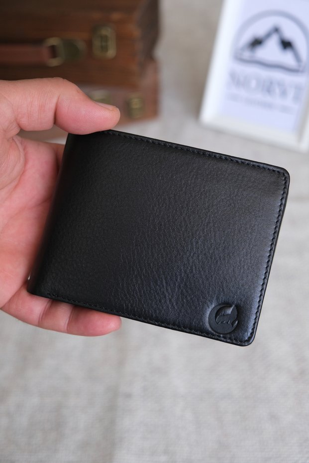 Hi̇lal İçi̇ne Bozkurt Special Bass Printed Ri Wallet-Genuine Leather Wallet with Coin Compartment Shiny Black 1242