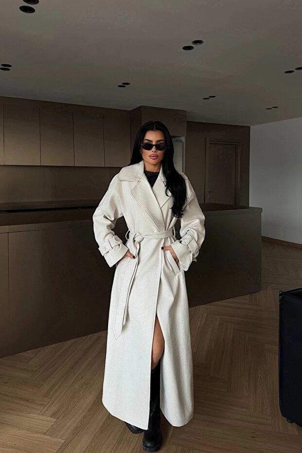 White Elegant Single Button Long Coat - 1