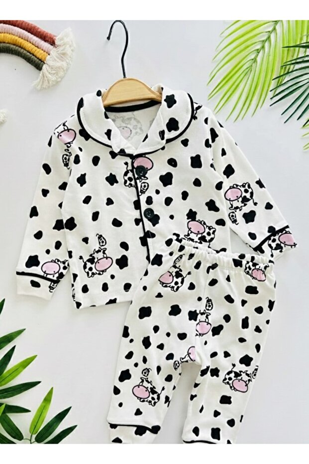 100% Cotton Cow B Printed K Double-Breasted Collar Baby Pajama Set