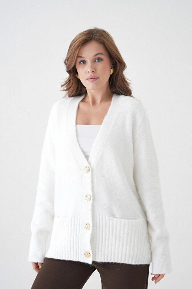 Women's V-Neck Button Closure Wool Blend Fleece-Lined Oversized Knitwear Cardigan 8641Sw