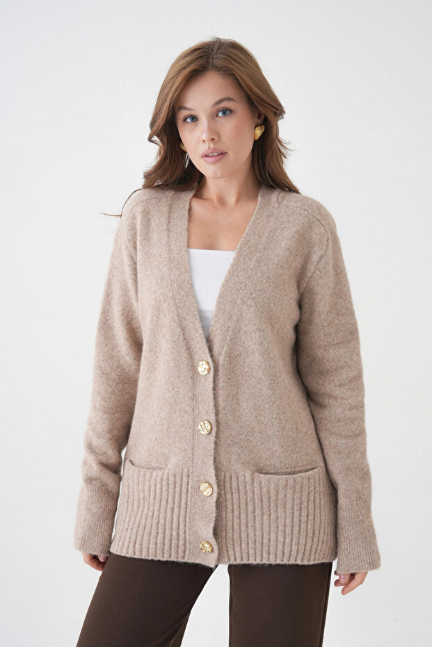 Women's V-Neck Button Closure Wool Blend Fleece-Lined Oversized Knitwear Cardigan 8641Sw
