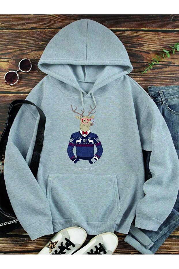 Deer Printed Hooded Fleece-Lined Sweatshirt