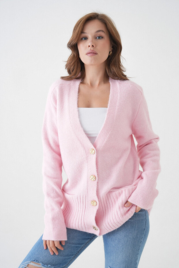 Women's V-Neck Button Closure Wool Blend Fleece-Lined Oversized Knitwear Cardigan 8641Sw
