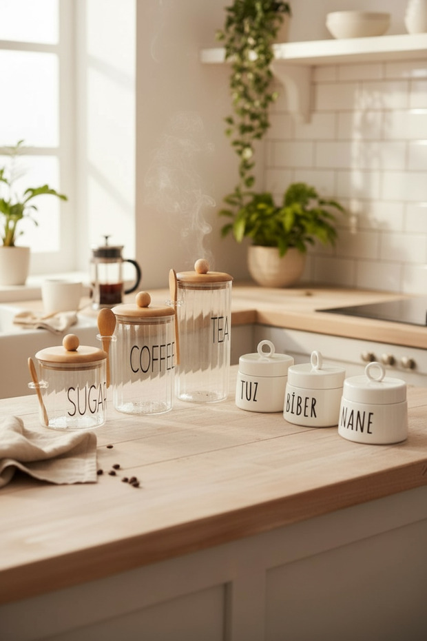 3-Piece Porcelain Spice Jar and Glass Jar with Bamboo Lid and Spoon for Tea, Syrup, Coffee