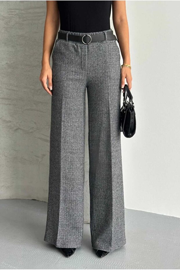High-Waisted Elastic Waistband, Detailed Waistband, Pockets, Herringbone Pattern, Wide-Leg Woolen Pants