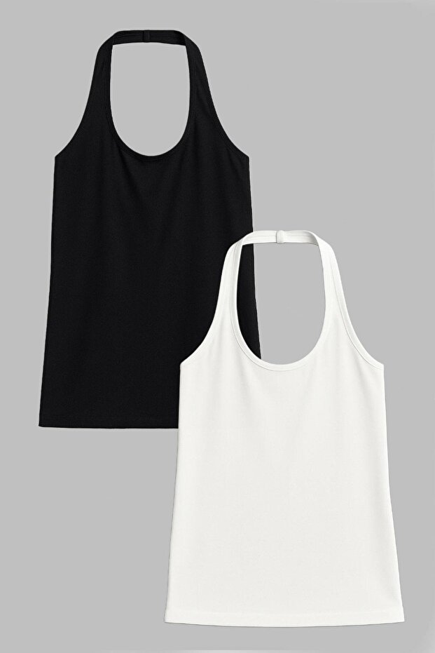 2 Pieces Cotton Blend Halter Neck Tank Top T-Shirt
