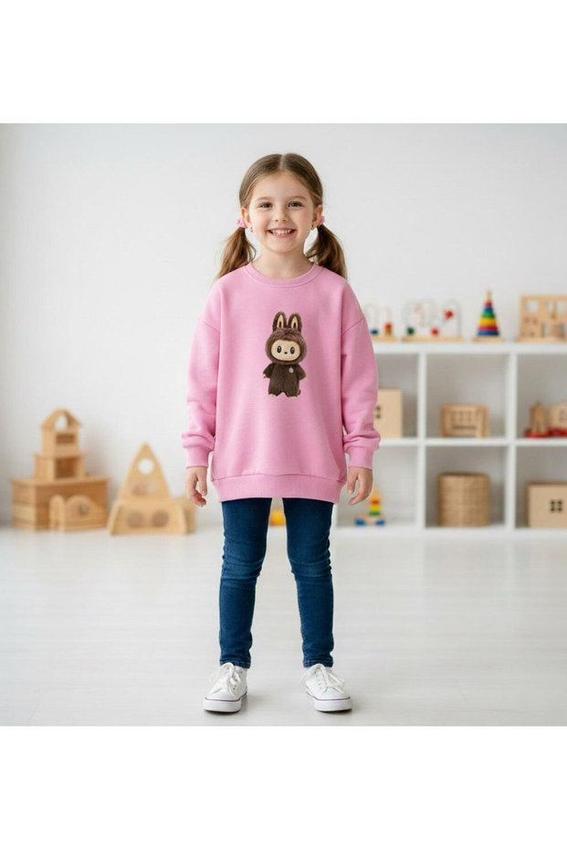 Soft Textured Inside Sh Fleece-Lined Sweet Trend Toy Character B Printed Children's Sweatshirt Mother Father and Child