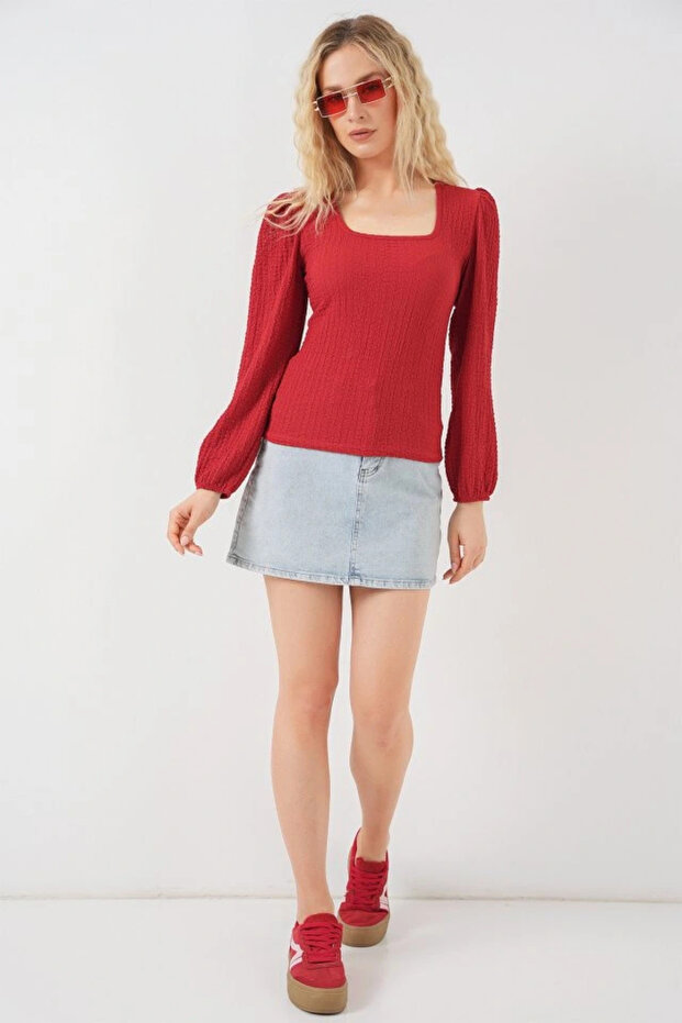 0442 Long Sleeve Blouse - Red - 2