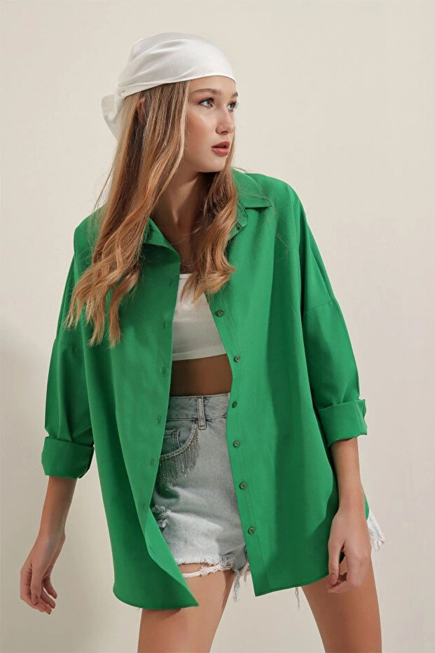 3900 Oversize Long Basic Shirt - Green - 4