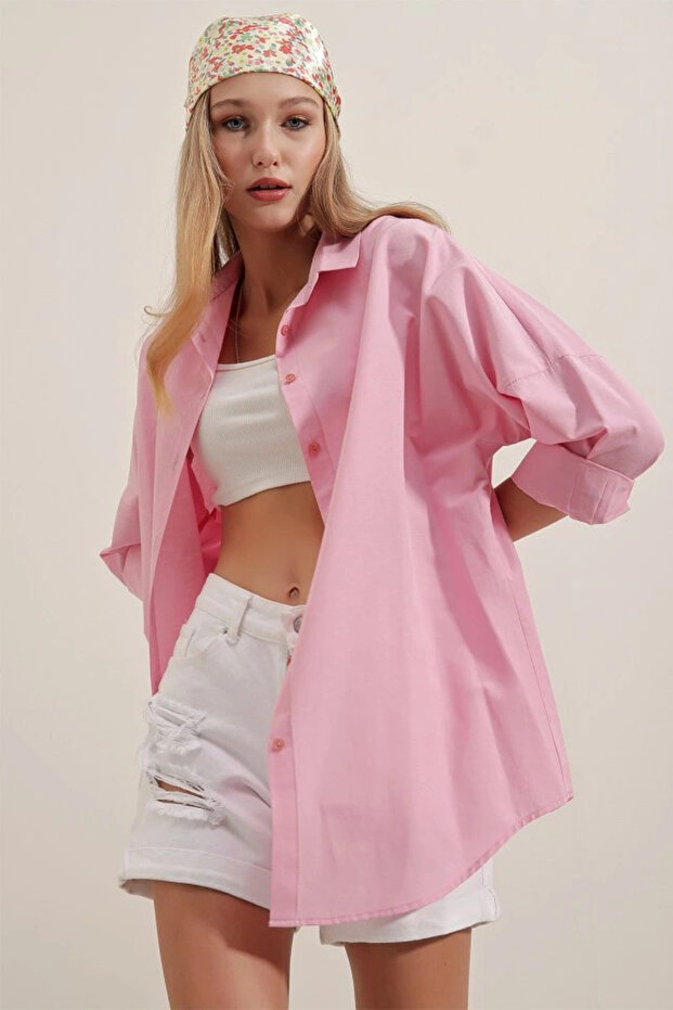 3900 Oversize Long Basic Shirt - Pink - 3