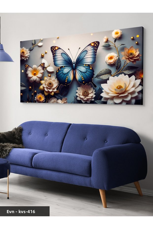 Blue Butterfly among Elegant Flowers One Piece Canvas - Canvas Painting
