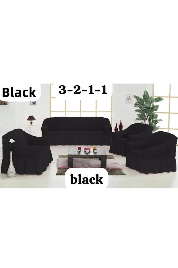 Bürümcük (3-2-1-1) Sofa Slipcover Set with Skirt (Black Rank)
