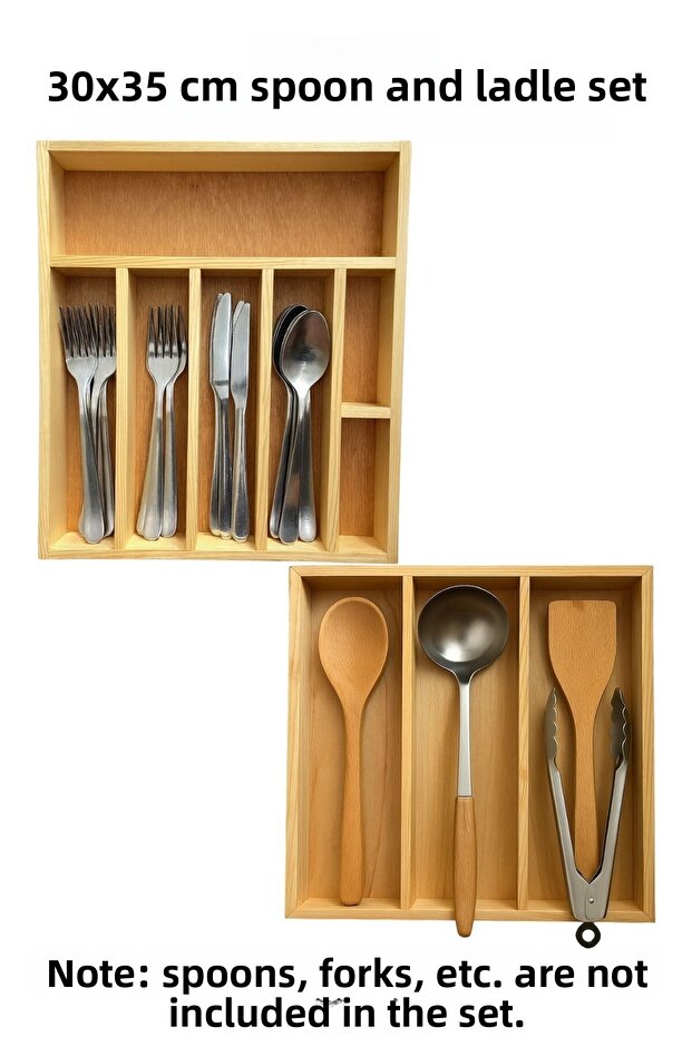 30X35 cm Multi-Compartment Wooden Spoon and Ladle Holder Set - Drawer Organizer - Wooden Organizer