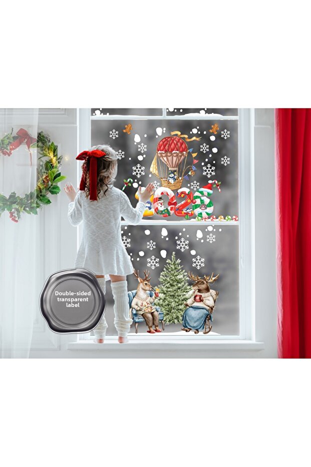 New Year's Glass Decorations - Deer and Balloon Themed Sticker 77X29
