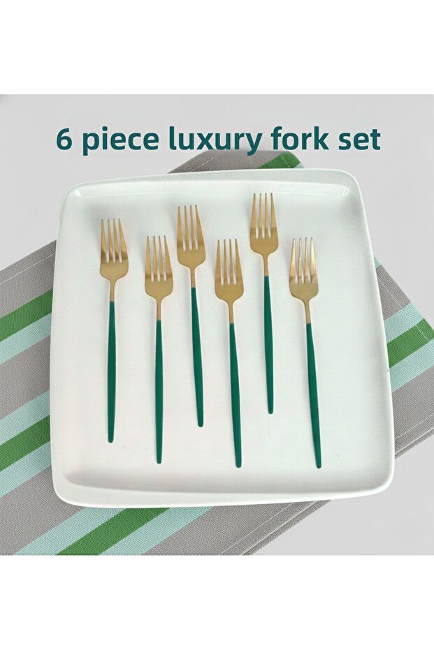 Gold Green Modern Dinner Fork Luxury Stainless Steel 6 Pieces
