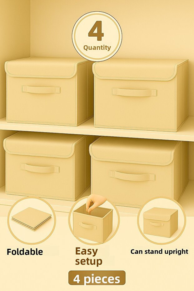 4 Pcs-Covered Cream Closet Interior Laundry Toy Organizer Folding Storage Box with Lid 30X30X30Cm