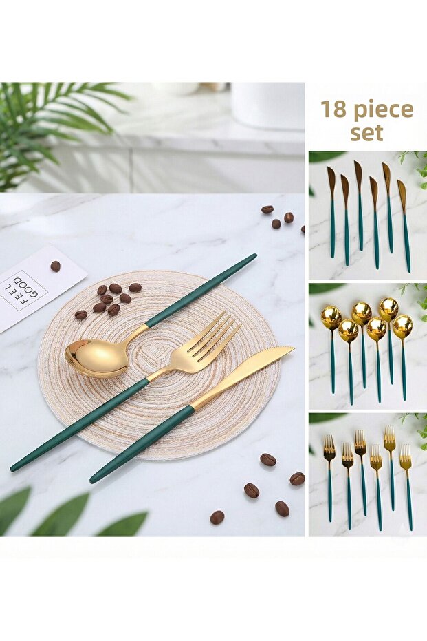 6-Person Gold Green Stainless Steel 18-Piece Round-Form Fork Knife Spoon Set