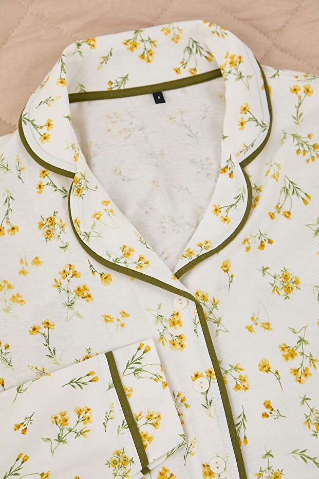 Sarı %100 Pamuklu Çiçekli Biyeli Örme Pijama Takımı THMAW25PT00202 - 7