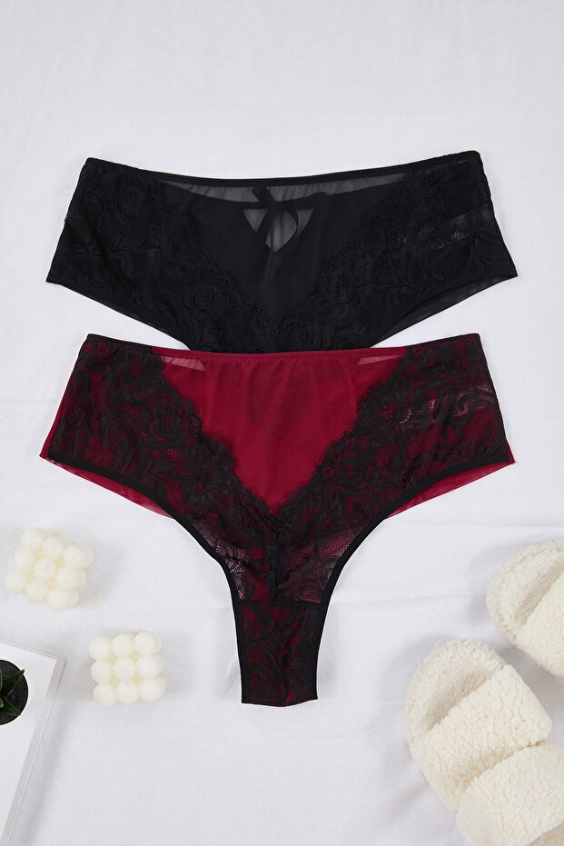 Vişne-Siyah 2'li Paket Fiyonk Dantel Detaylı Brazilian Sexy Büyük Beden Külot TBBAW26CM00002 - 4