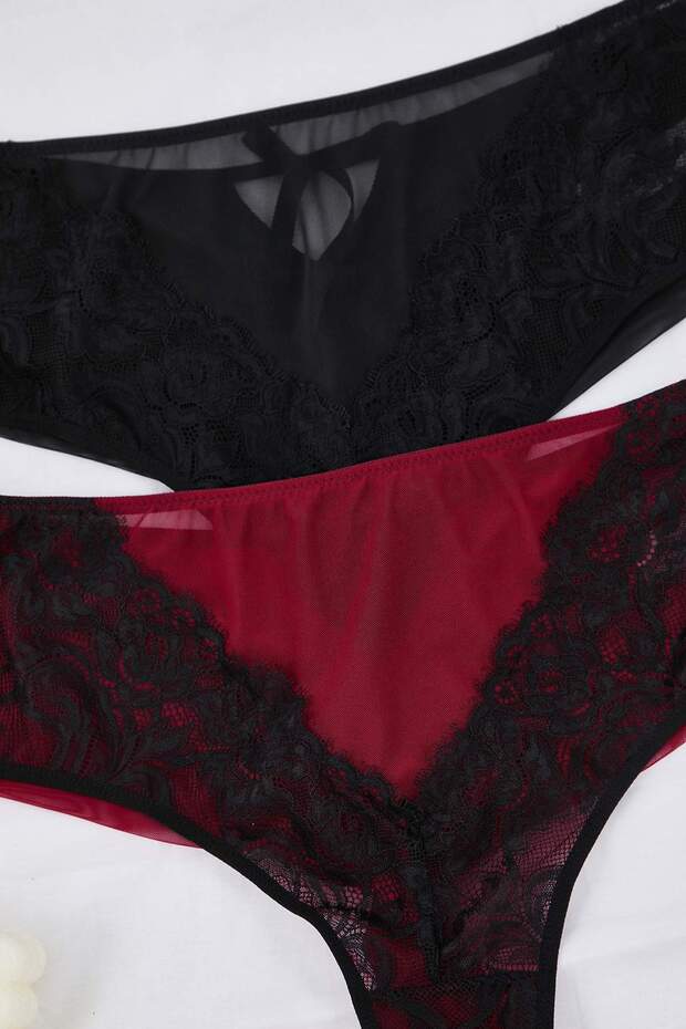 Vişne-Siyah 2'li Paket Fiyonk Dantel Detaylı Brazilian Sexy Büyük Beden Külot TBBAW26CM00002 - 5