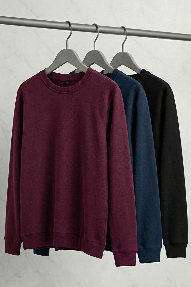 Siyah-Bordo-Lacivert 3'lü Paket Regular/Normal Kesim Basic İçi Polar Sweatshirt TMNAW26SW00006 - 1