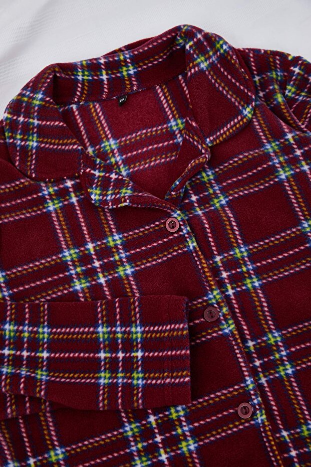 Bordo Ekoseli Gömlek Yaka Polar Büyük Beden Pijama Takımı - 4