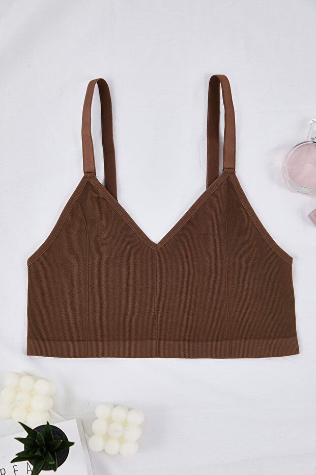 Kahverengi Seamless/Dikişsiz Balensiz Kapsız Esnek Bralette Örme Büyük Beden Sütyen TBBSS23CW00001 - 4