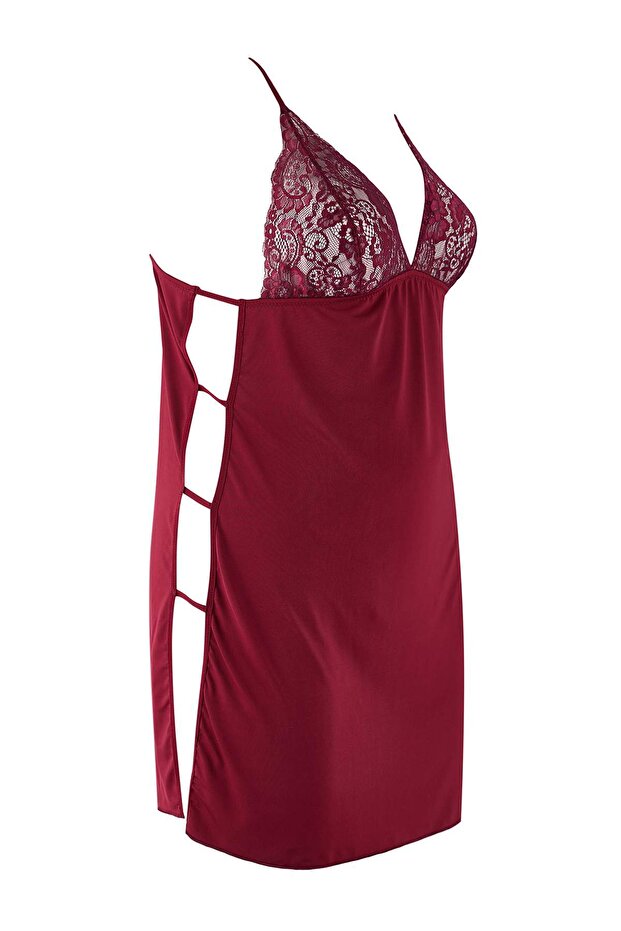 Koyu Vişne Pencere/Cut Out Detaylı İp Askılı Örme Büyük Beden Babydoll TBBAW25DH00000 - 3