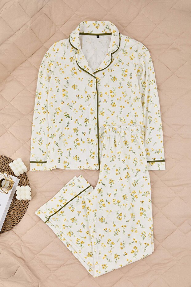Sarı %100 Pamuklu Çiçekli Biyeli Örme Pijama Takımı THMAW25PT00202 - 5