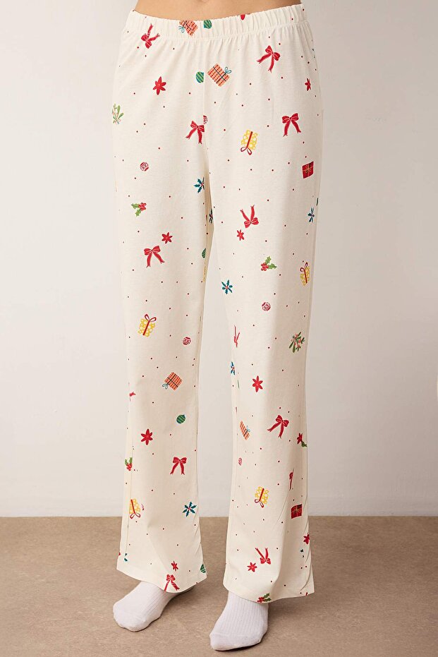 Zümrüt Yeşili %100 Pamuklu Yılbaşı Temalı Örme Pijama Takımı THMAW26PT00059 - 3