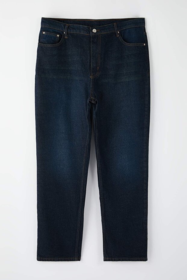 Koyu Mavi Yüksel Bel 90'lar Straight Fit Büyük Beden Jeans TBBAW26CJ00052 - 2