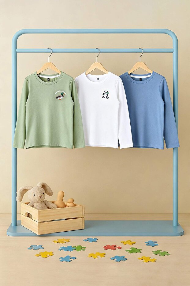 Indigo-Ekru-Mint 100% Pamuk 3'lü Animal Baskı Regular Örme Unisex Çocuk T-Shirt TKDAW26TS00009 - 2