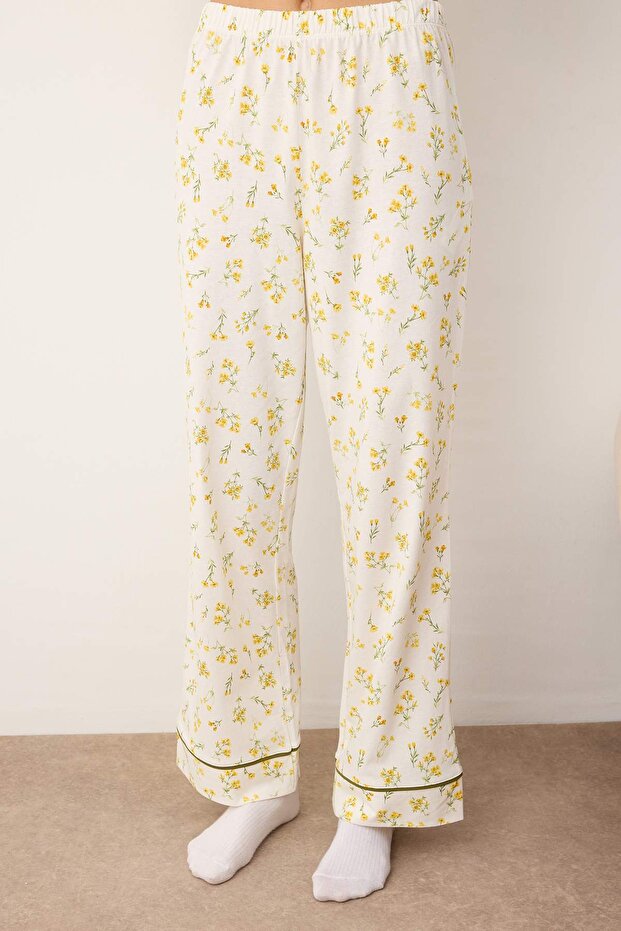 Sarı %100 Pamuklu Çiçekli Biyeli Örme Pijama Takımı THMAW25PT00202 - 3