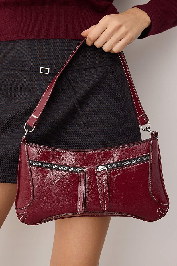 Bordo Kırışık Cilt Kadın Mini Boy Omuz Çantası TAKAW26OC00080 - 2