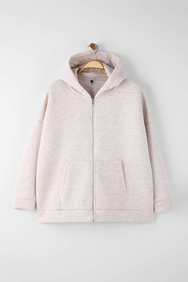 Wardrobe Essentials Bej Melanj Kapüşonlu Örme Sweatshirt TBBAW26AO00051 - 3