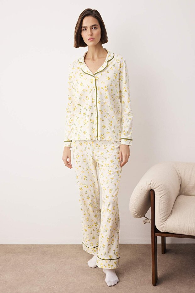 Sarı %100 Pamuklu Çiçekli Biyeli Örme Pijama Takımı THMAW25PT00202 - 2