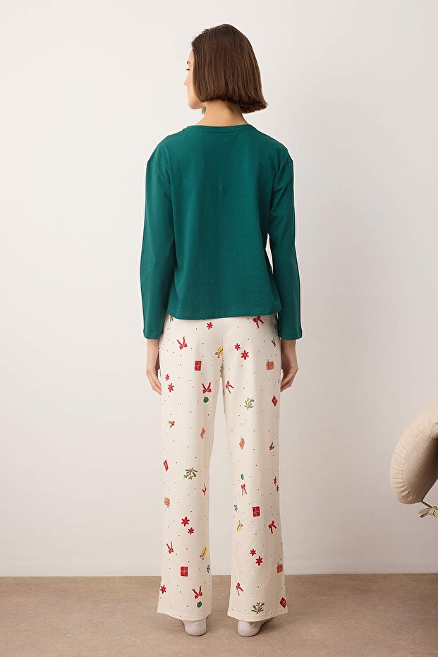 Zümrüt Yeşili %100 Pamuklu Yılbaşı Temalı Örme Pijama Takımı THMAW26PT00059 - 4
