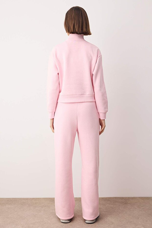 Teen Açık Pembe Nakışlı Dik Yaka Fermuarlı Wideleg/Geniş Paça Örme Eşofman Takımı TWOAW26AU00081 - 4