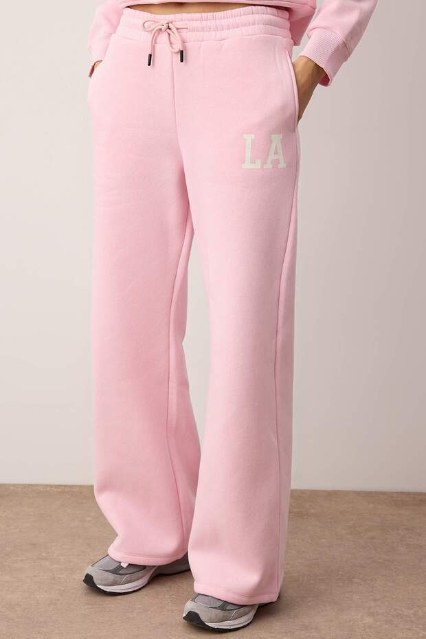 Teen Açık Pembe Nakışlı Dik Yaka Fermuarlı Wideleg/Geniş Paça Örme Eşofman Takımı TWOAW26AU00081 - 3