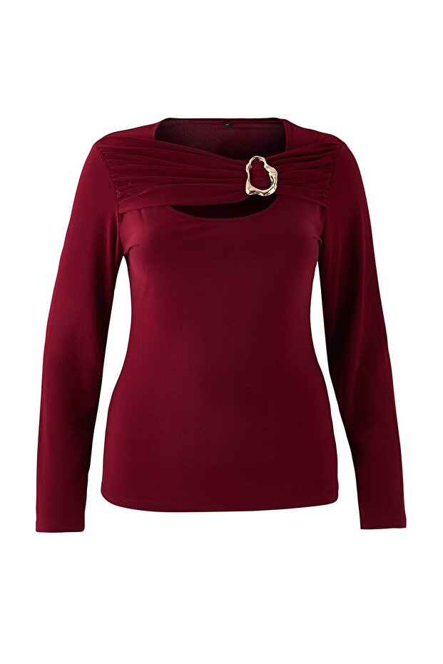 Bordo Aksesuar ve Cut Out Detaylı Vücuda Oturan Esnek Örme Bluz TBBAW26AF00083 - 2