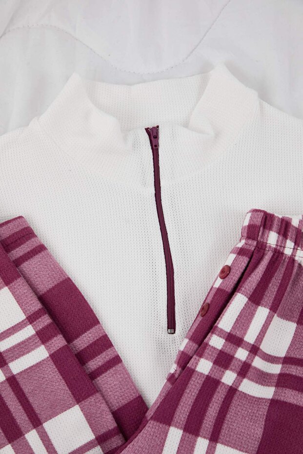Beyaz-Bordo Fermuarlı Yumuşak Kışlık Waffle Örme Pijama Takımı THMAW26PT00186 - 7