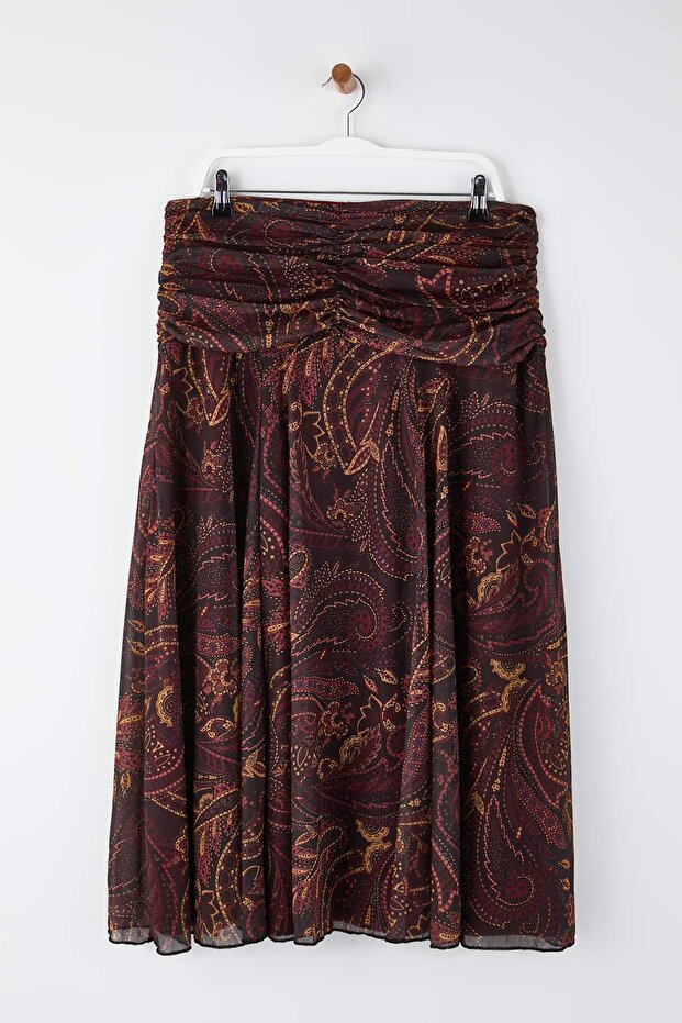 Çok Renkli Maxi Büzgü/Drape Detaylı Boho/Boho Chic Basklılı Tül Esnek Örme Etek TBBAW26AZ00059 - 3