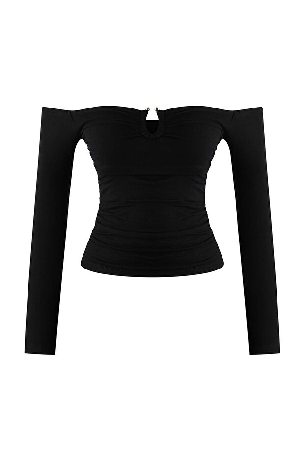 Siyah Fitted/Vücuda Oturan Aksesuar Detaylı Esnek Örme Bluz TWOAW26BZ00356 - 5