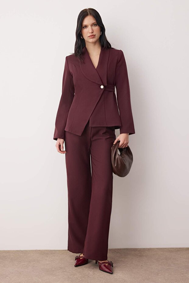 Mürdüm Kruvaze Kapama Blazer Ceket Pantolon Dokuma Alt - Üst Takım TWOAW26AU00145 - 2